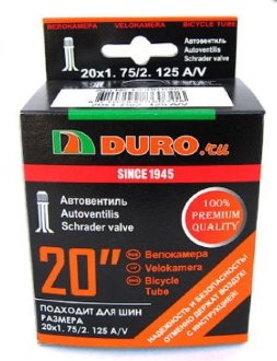 Камера DURO 20х2.125 AV ​Велосипедная камера DURO 20" - 20х2.125 A/V поставляется в индивидуальной упаковке.