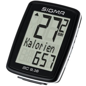 Велокомпьютер Sigma Sport BC 9.16  Беспроводной велокомпьютер SIGMA BC 9.16 ATS с аналоговой передачей данных является идеальным повседневным спутником, который иногда может быть немного более спортивным. На основе скорости он вычисляет потребляемые калории. Добавлена дополнительная функция максимальной скорости.